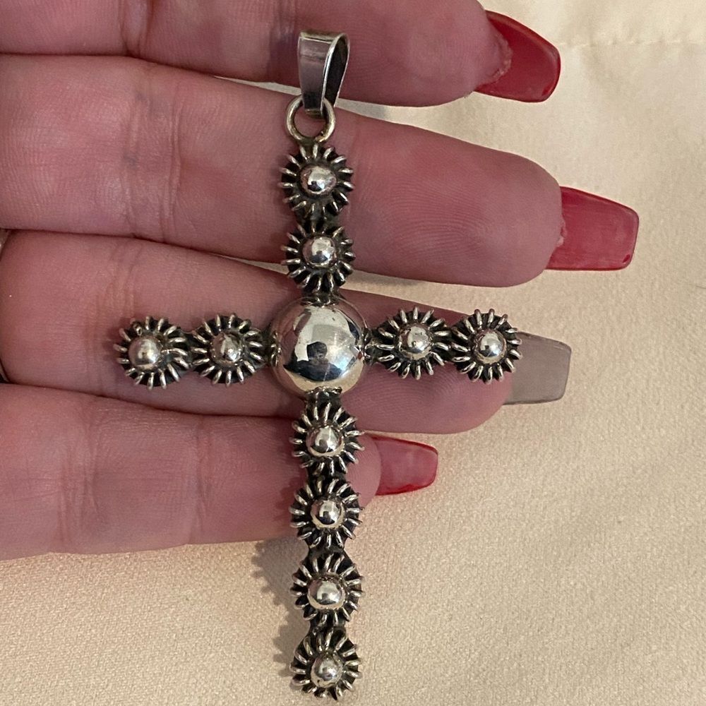 Vintage Taxco Sterling Silver Ornate Cross Pendant 3”